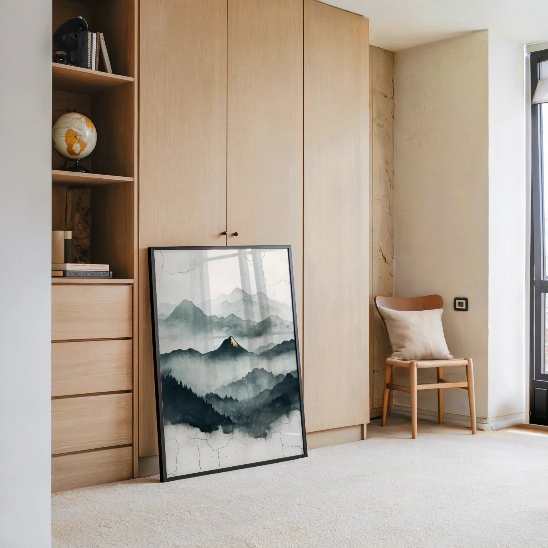Misty Mountain Watercolor Gold Accent Japandi in room