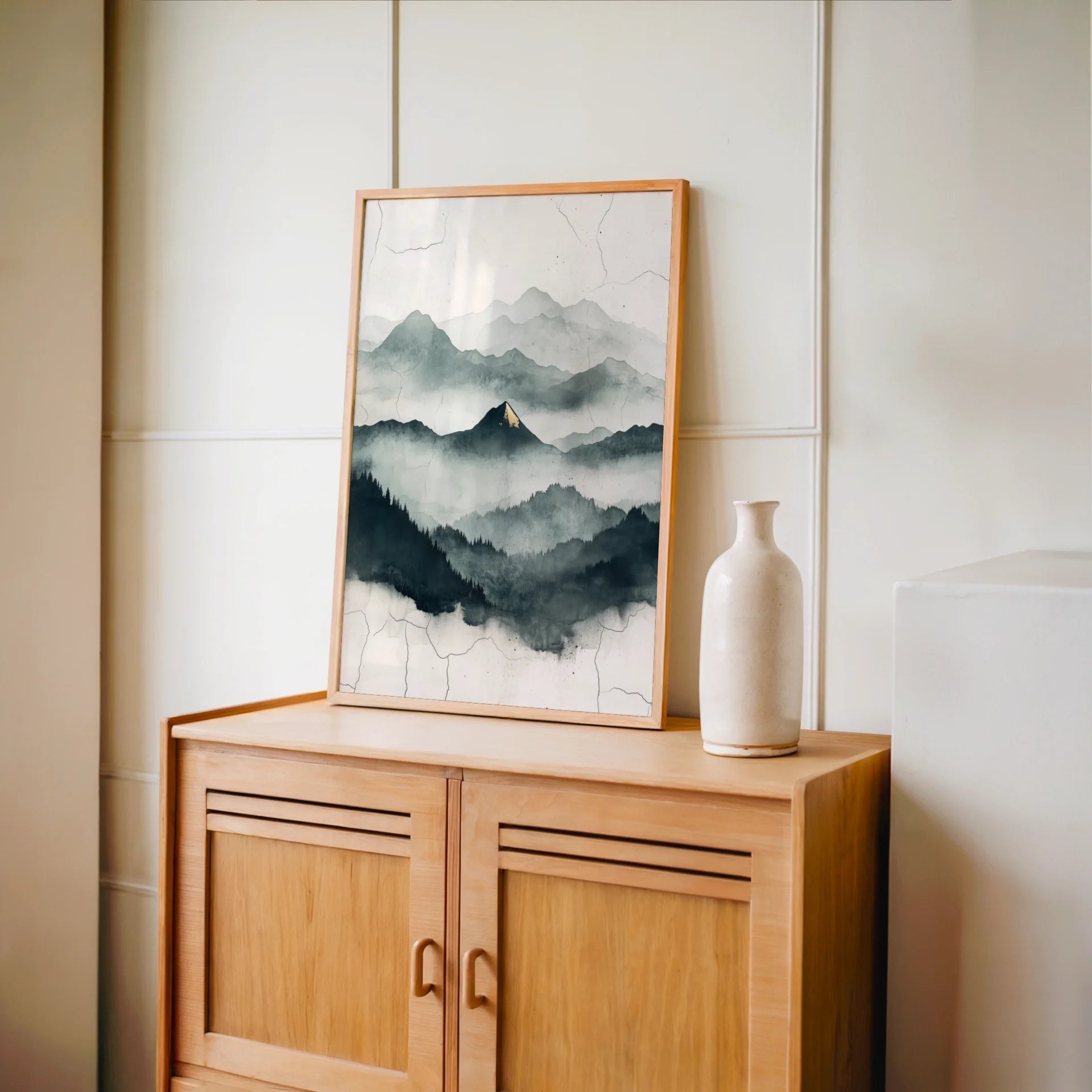 Misty Mountain Watercolor Gold Accent Japandi in room