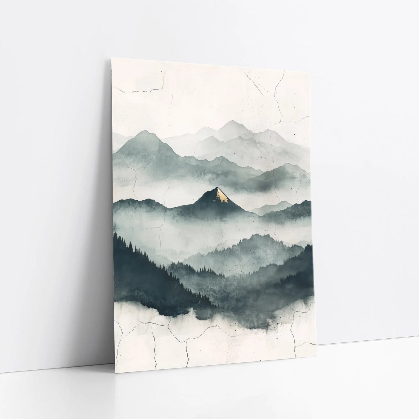 Misty Mountain Watercolor Gold Accent Japandi art print