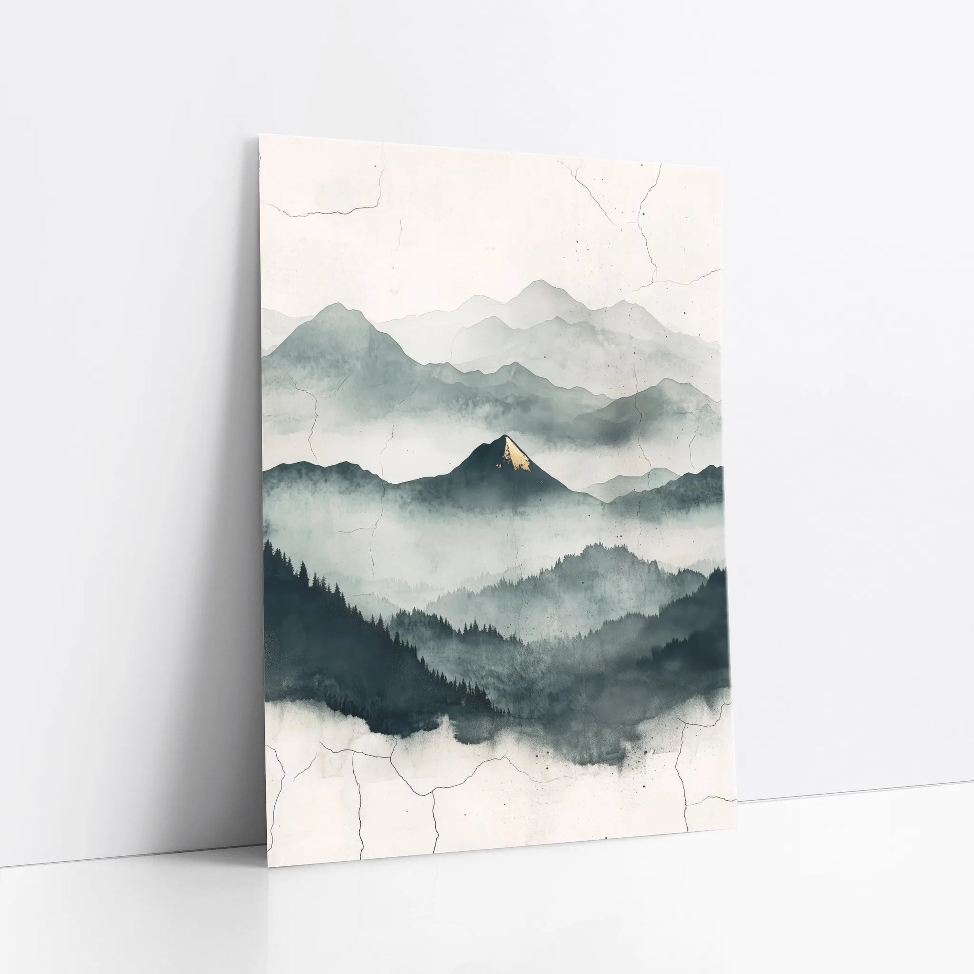 Misty Mountain Watercolor Gold Accent Japandi art print