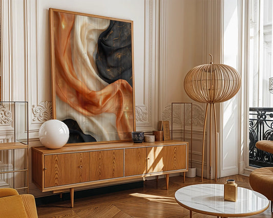Luxury Silk Texture Copper Black Canvas Wall Art Abstract — Elegant canvas displaying graceful fluid forms for sophisticated home styling and upscale interiors