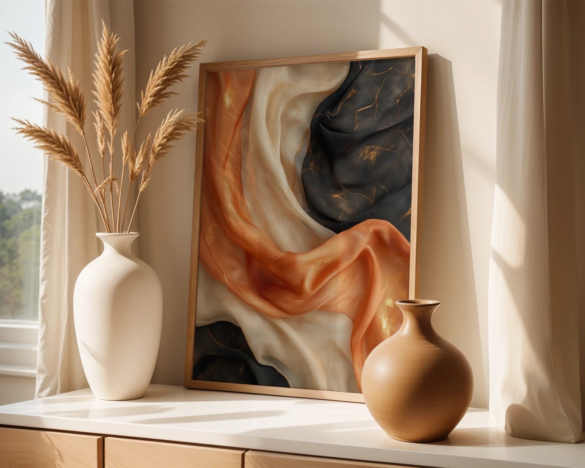 Luxury Silk Texture Copper Black Canvas Wall Art Abstract — Industrial chic artwork featuring bold metallic elements perfect for contemporary living spaces