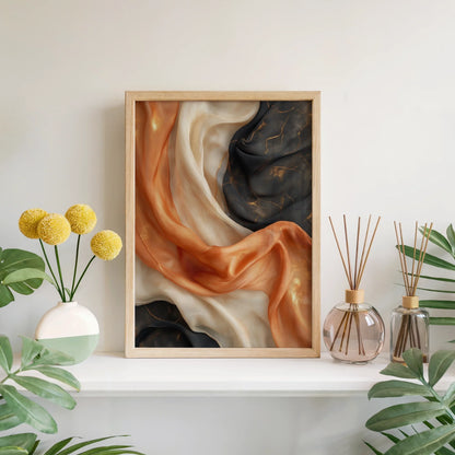 Luxury Silk Texture Copper Black Canvas Wall Art Abstract — Refined abstract canvas showcasing graceful movement for elevated interior design schemes