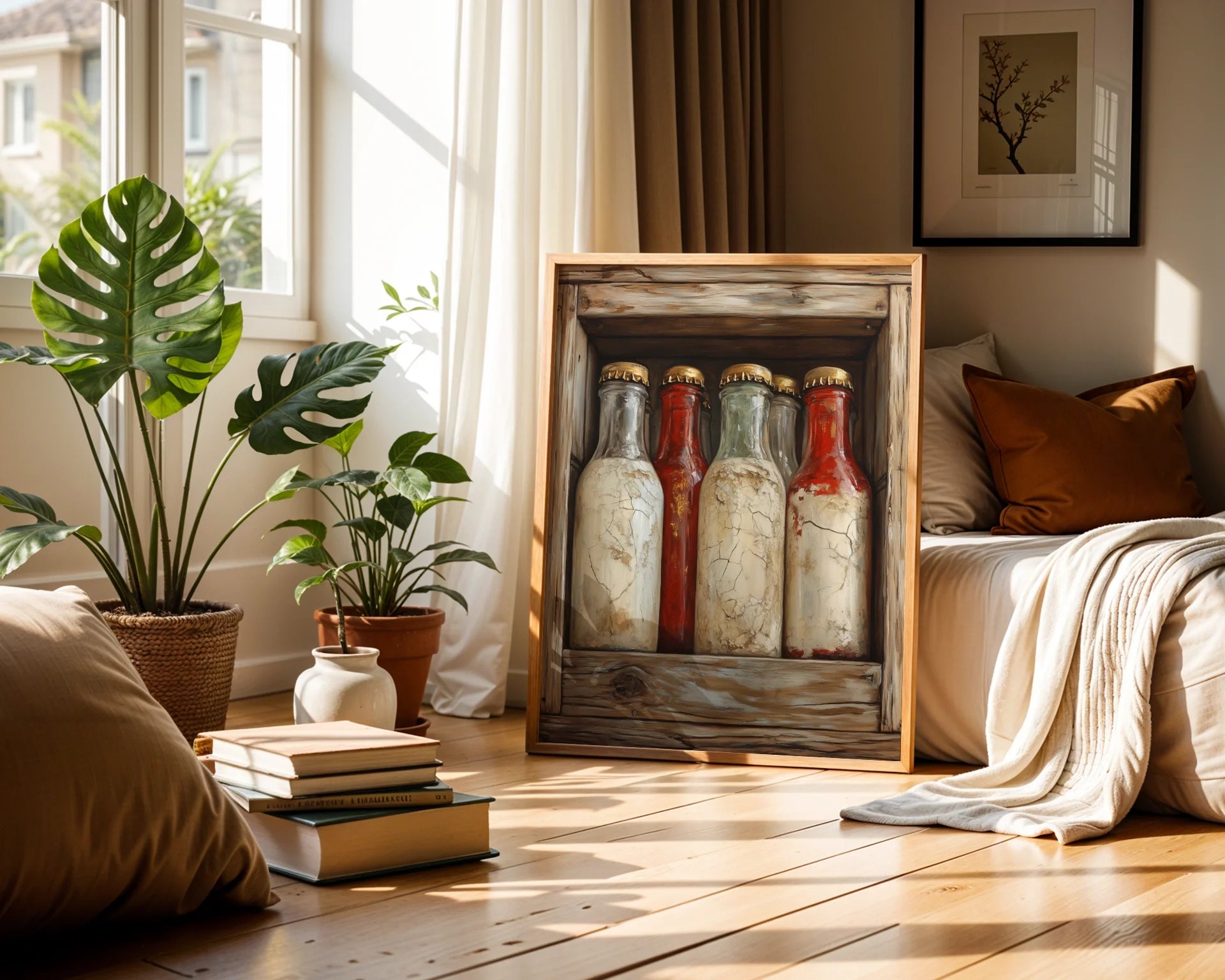 Apothecary Bottles Farmhouse Wooden Crate Canvas Wall Art — Rustic home decor showcasing vintage pharmaceutical containers on canvas in cozy interior setting