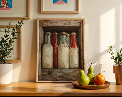 Apothecary Bottles Farmhouse Wooden Crate Canvas Wall Art — Cottage decor featuring old pharmacy containers painted on canvas in charming home interior