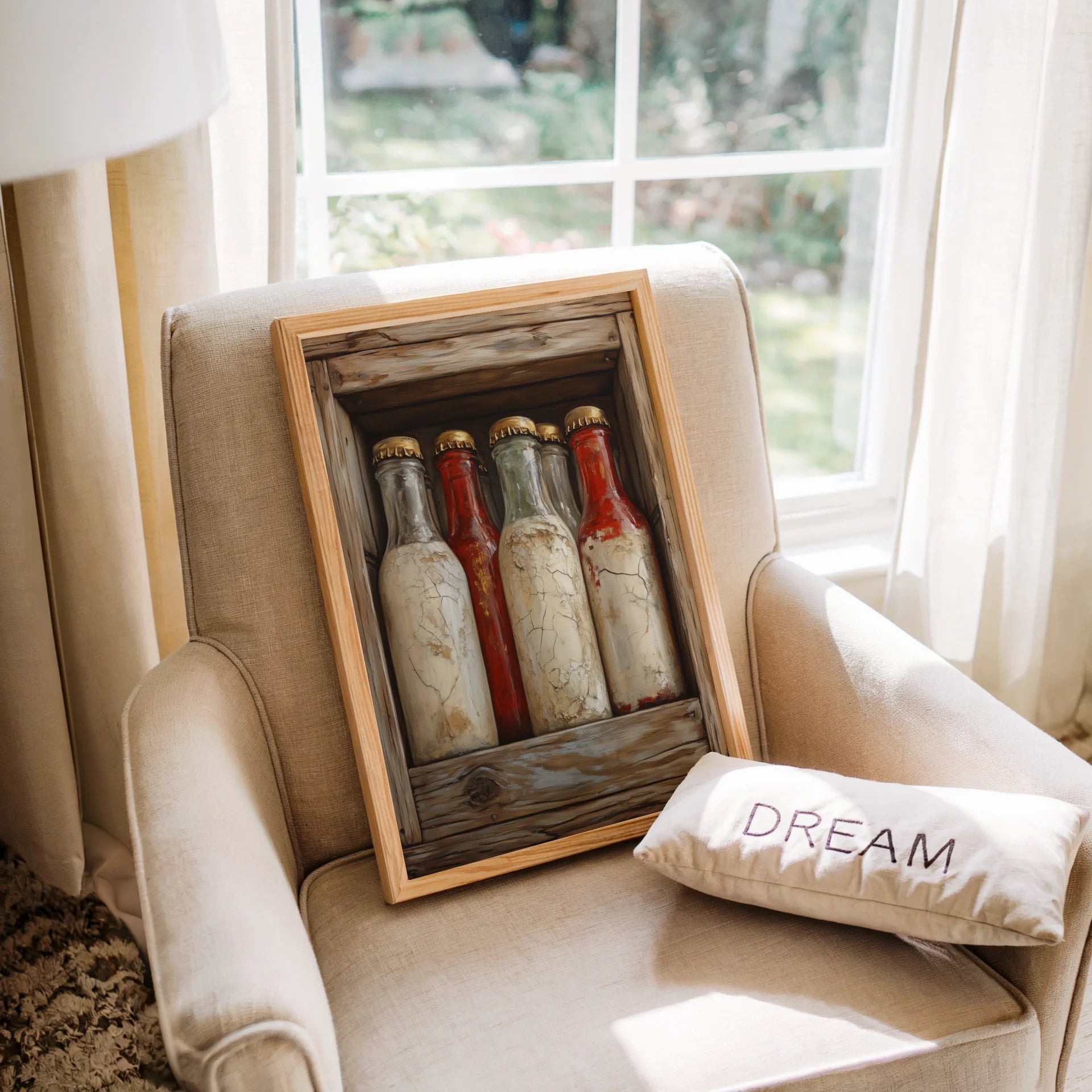 Apothecary Bottles Farmhouse Wooden Crate Canvas Wall Art — Copper-toned canvas art with textured glass containers in warm earth palette for rustic decor