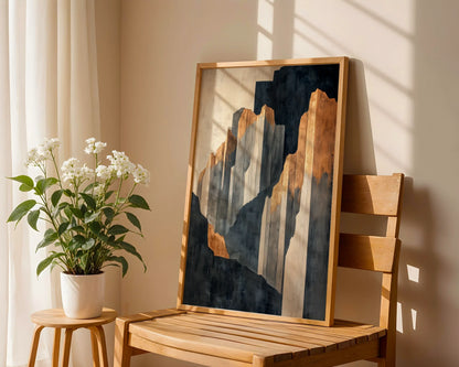 Large Mountain Art Golden Mist Stone Sentinels Canvas Wall Art — Sophisticated interior showcasing dramatic peaks emerging from sunrise haze on large canvas wall decor
