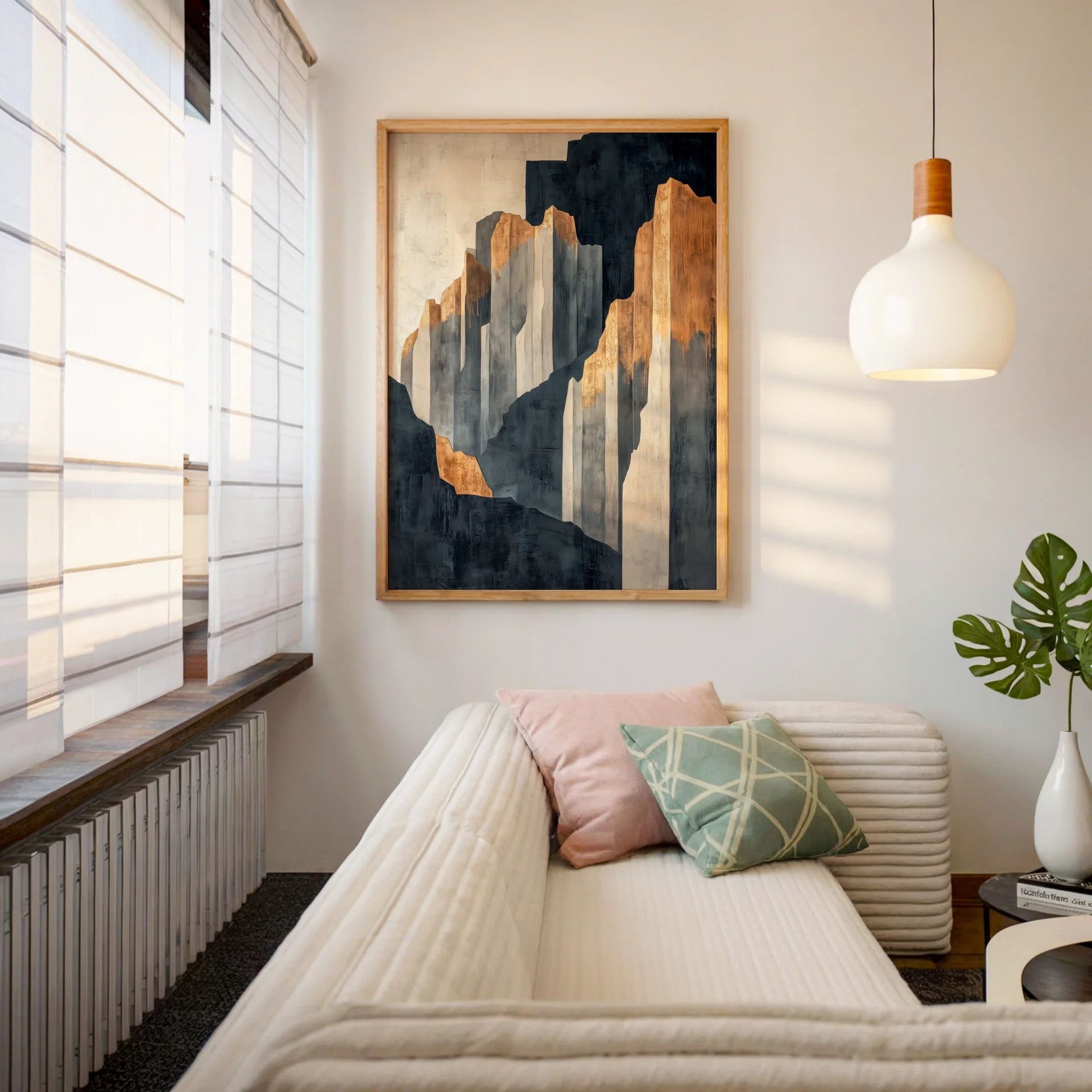 Large Mountain Art Golden Mist Stone Sentinels Canvas Wall Art — Stylish home interior featuring jagged desert formations with bronze accents for southwestern styling