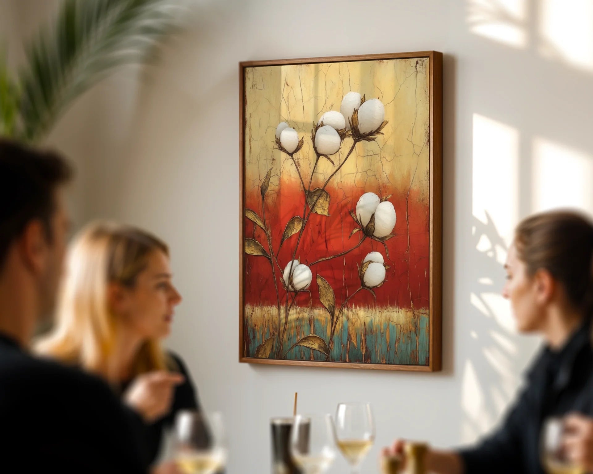 Cotton Boll Farmhouse Botanical Crackled Canvas Wall Art — Aged cotton field artwork displayed in cozy living space designed for country home decor