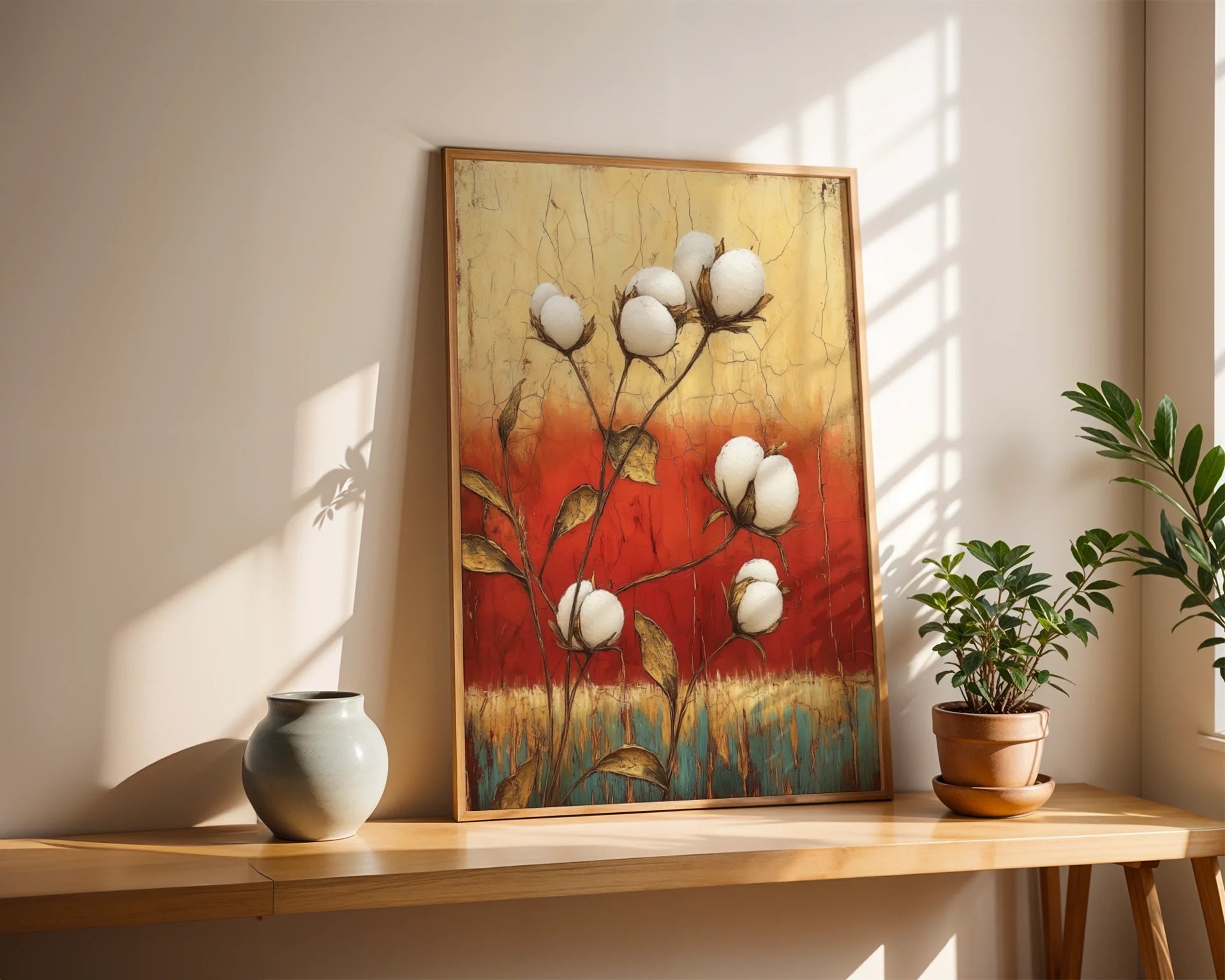Cotton Boll Farmhouse Botanical Crackled Canvas Wall Art — Antique farm-themed artwork featuring cotton branches mounted in rustic interior design