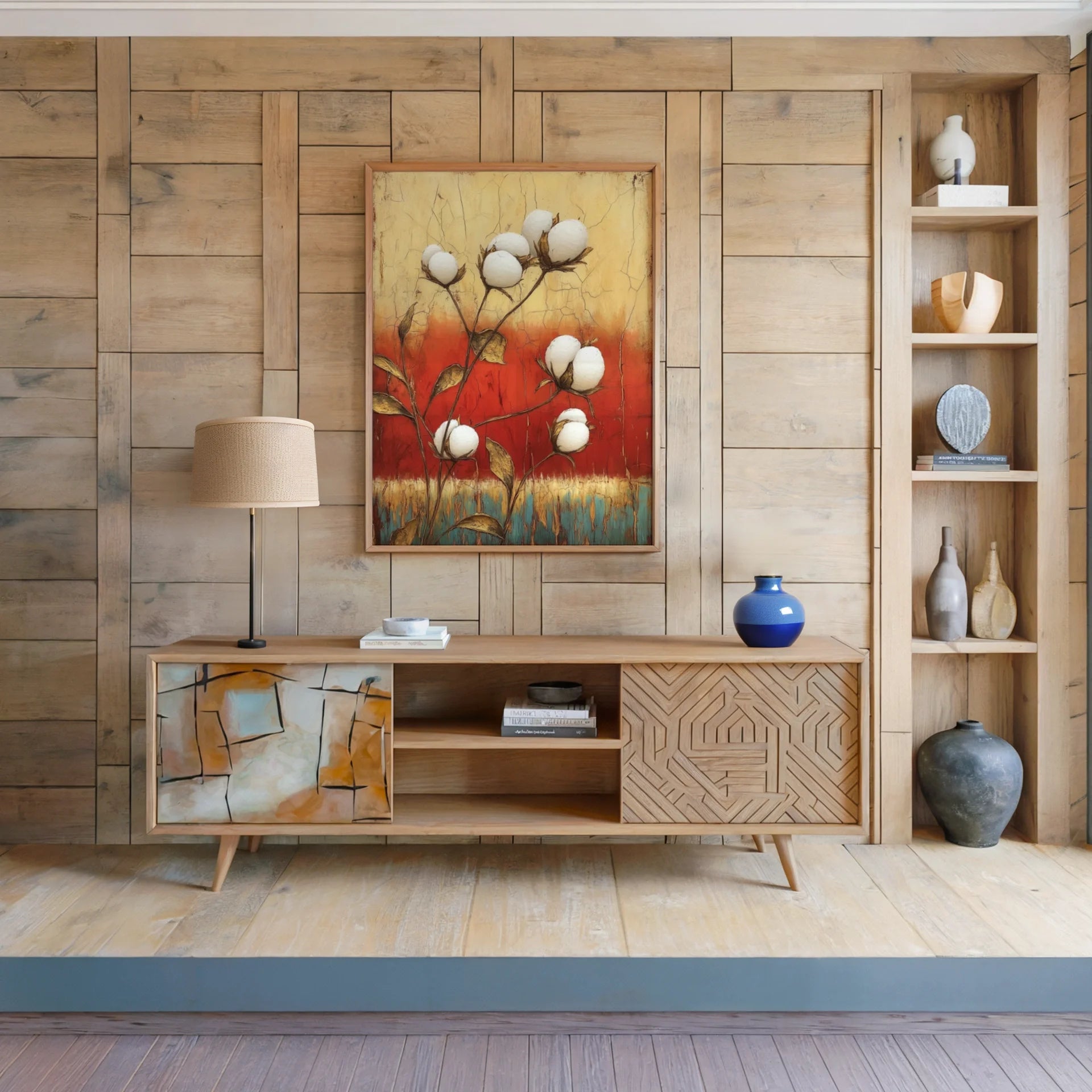 Cotton Boll Farmhouse Botanical Crackled Canvas Wall Art — Natural cotton stem canvas art showcased in earth-tone room for organic home decor