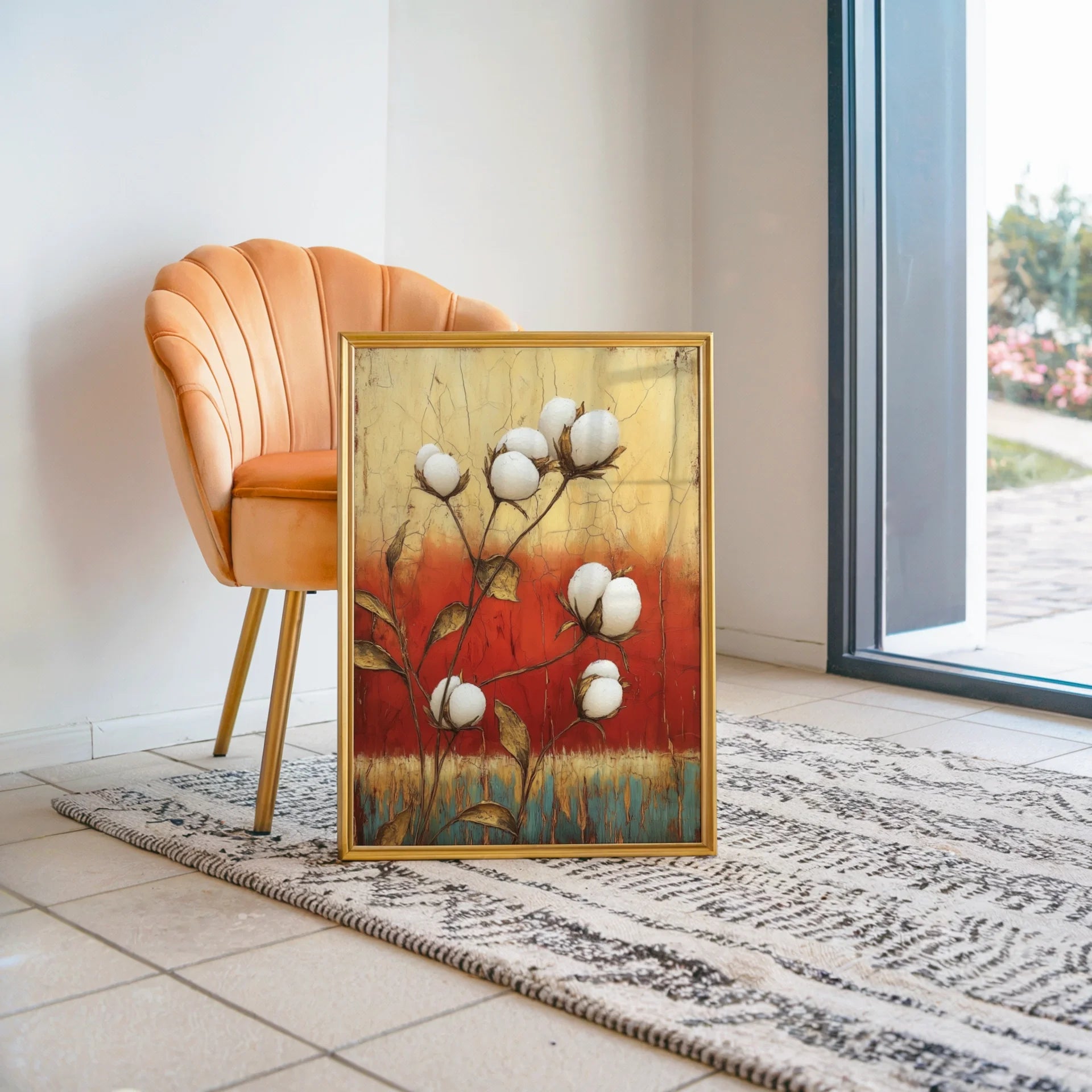 Cotton Boll Farmhouse Botanical Crackled Canvas Wall Art — Burnt sienna and cream textured canvas with raised cotton details for warm interior design