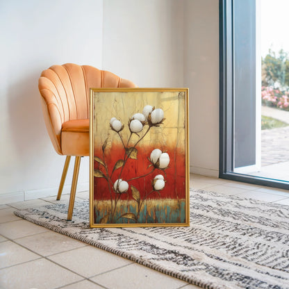 Cotton Boll Farmhouse Botanical Crackled Canvas Wall Art — Burnt sienna and cream textured canvas with raised cotton details for warm interior design