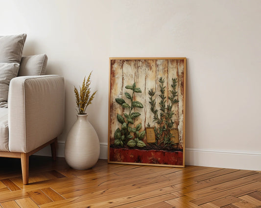 Farmhouse Herb Kitchen Canvas Wall Art Basil Rosemary Journal — Farmhouse styled home featuring earthy canvas artwork with dried herbs sprouting from aged books