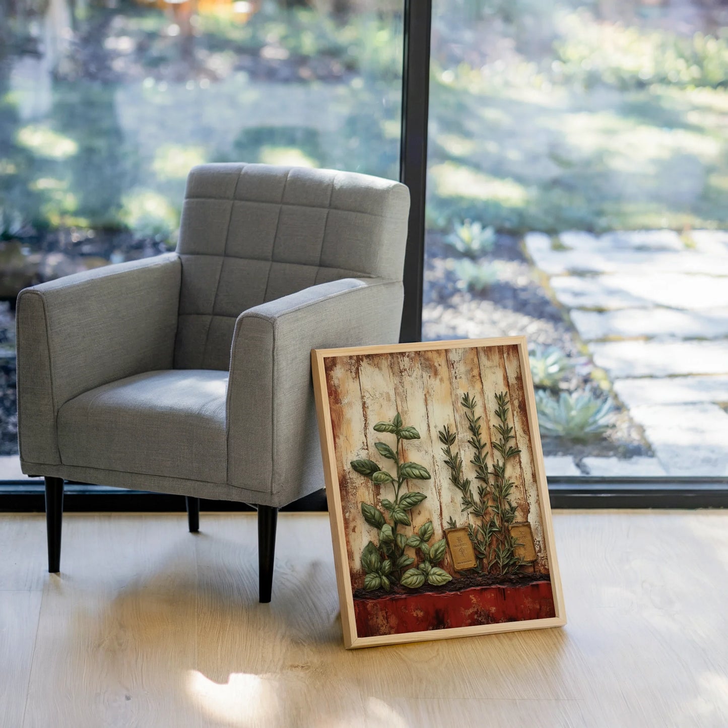Farmhouse Herb Kitchen Canvas Wall Art Basil Rosemary Journal — Sage green and burnt sienna canvas displaying weathered textures and copper accents in styled room