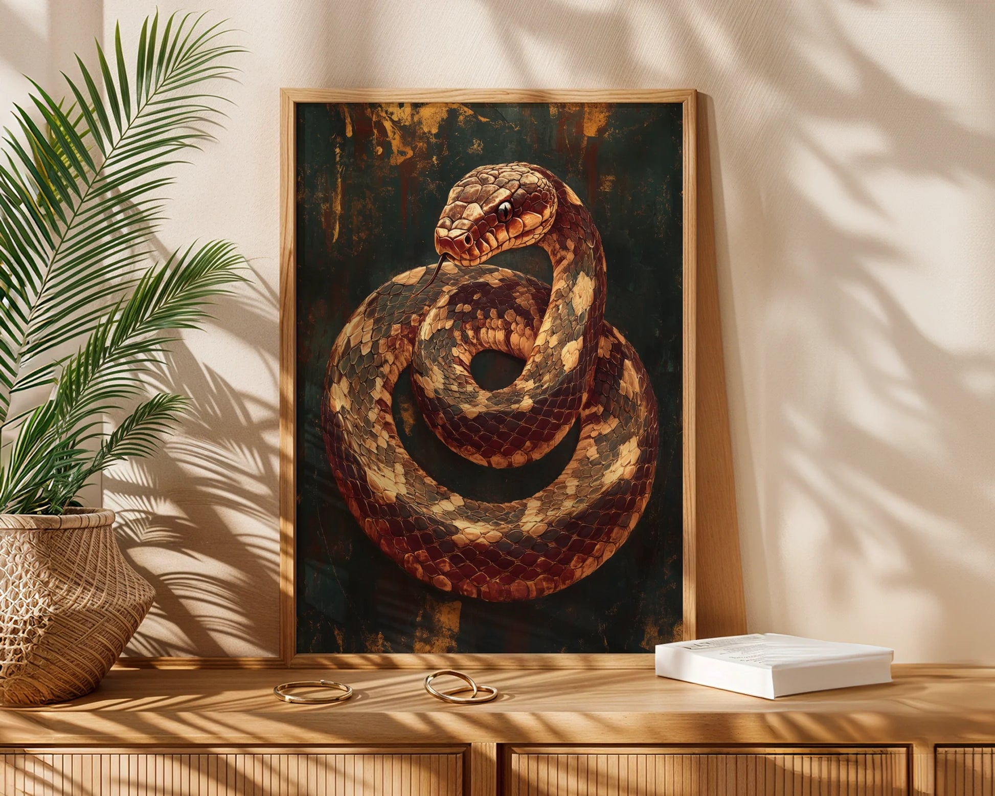 Ancient Serpent Coiled Snake Dark Academia Canvas Wall Art — Mysterious coiled creature canvas displayed in dramatic interior showcasing edgy bohemian style