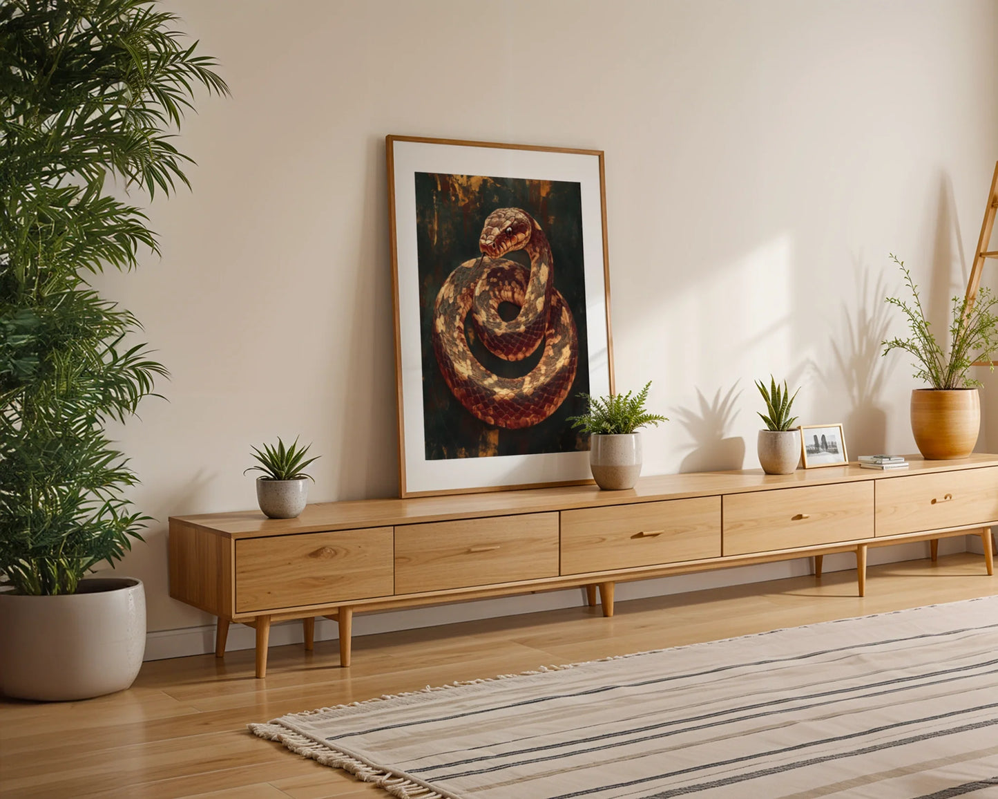 Ancient Serpent Coiled Snake Dark Academia Canvas Wall Art — Timeless reptile artwork enhances mysterious bedroom decor with scholarly book collections nearby