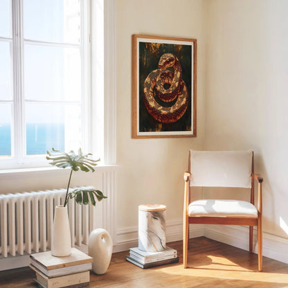 Ancient Serpent Coiled Snake Dark Academia Canvas Wall Art — Historic reptile motif canvas creates scholarly ambiance in this moody intellectual interior space
