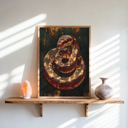 Ancient Serpent Coiled Snake Dark Academia Canvas Wall Art — Rich sienna tones and textured brushstrokes bring warmth to this coiled creature canvas display