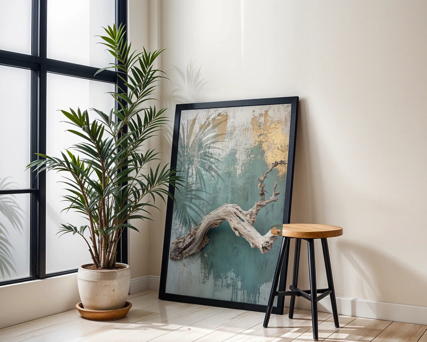 Driftwood Art Turquoise Wall Coastal Canvas Wall Art Print — Modern minimalist floating wood branch displayed against sage backdrop for contemporary home decor