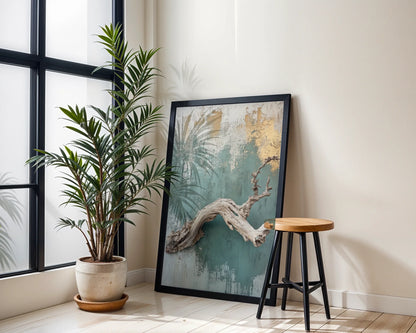 Driftwood Art Turquoise Wall Coastal Canvas Wall Art Print — Modern minimalist floating wood branch displayed against sage backdrop for contemporary home decor