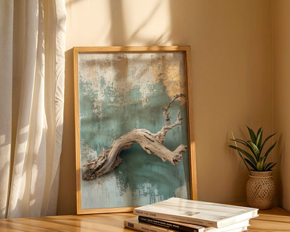 Driftwood Art Turquoise Wall Coastal Canvas Wall Art Print — Scandinavian style raw timber piece mounted on textured aqua surface for clean interior design