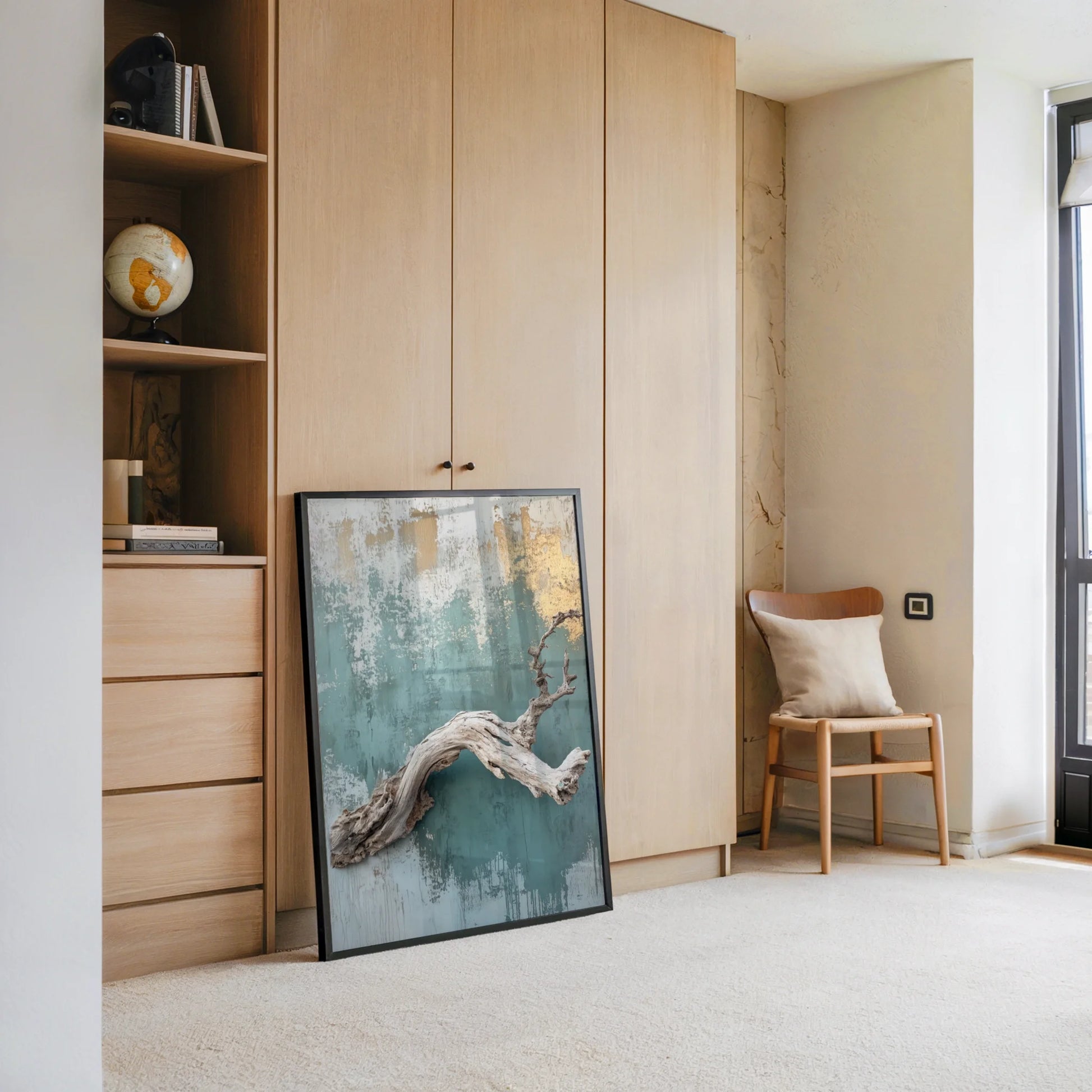 Driftwood Art Turquoise Wall Coastal Canvas Wall Art Print — Bohemian natural timber art piece mounted on aged backdrop for eclectic interior styling