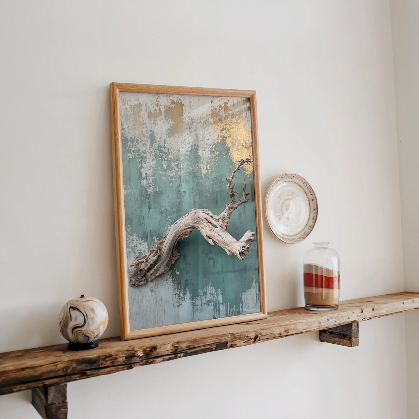 Driftwood Art Turquoise Wall Coastal Canvas Wall Art Print — Sea-glass jade paint chips reveal creamy undertones beneath weathered finish in home decor piece