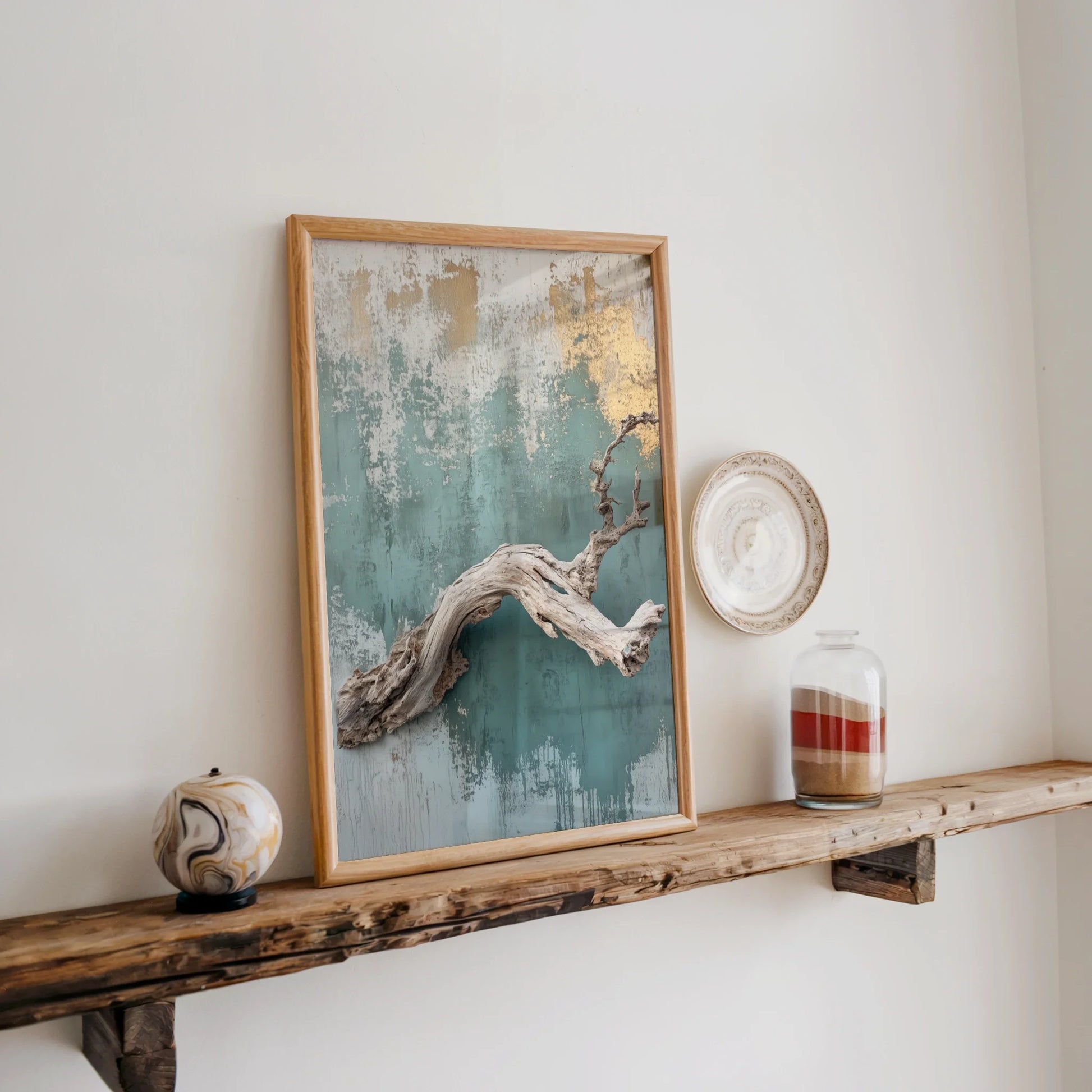Driftwood Art Turquoise Wall Coastal Print in room
