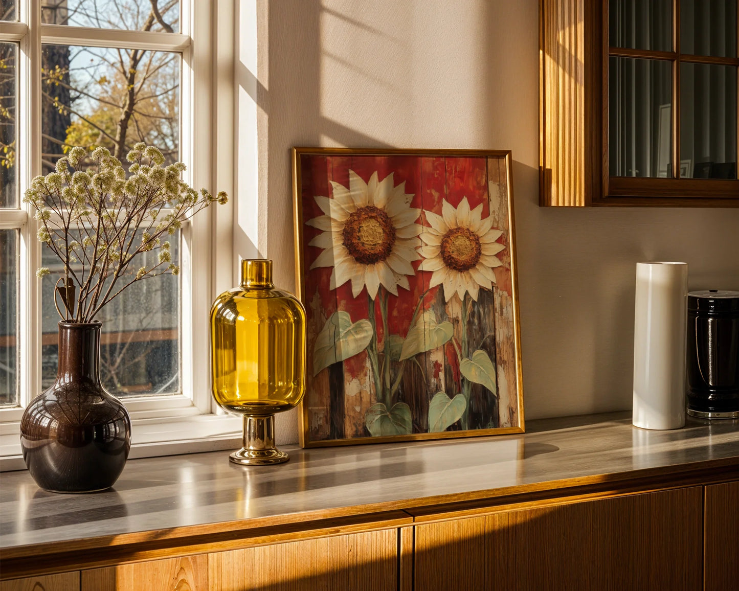 Rustic Sunflower Art Distressed Barn Wood Canvas Wall Art — Countryside botanical canvas featuring aged blooms on reclaimed timber for authentic farmhouse interiors