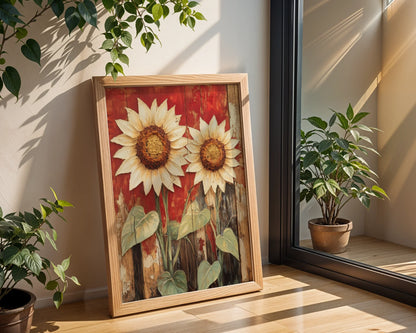 Rustic Sunflower Art Distressed Barn Wood in room
