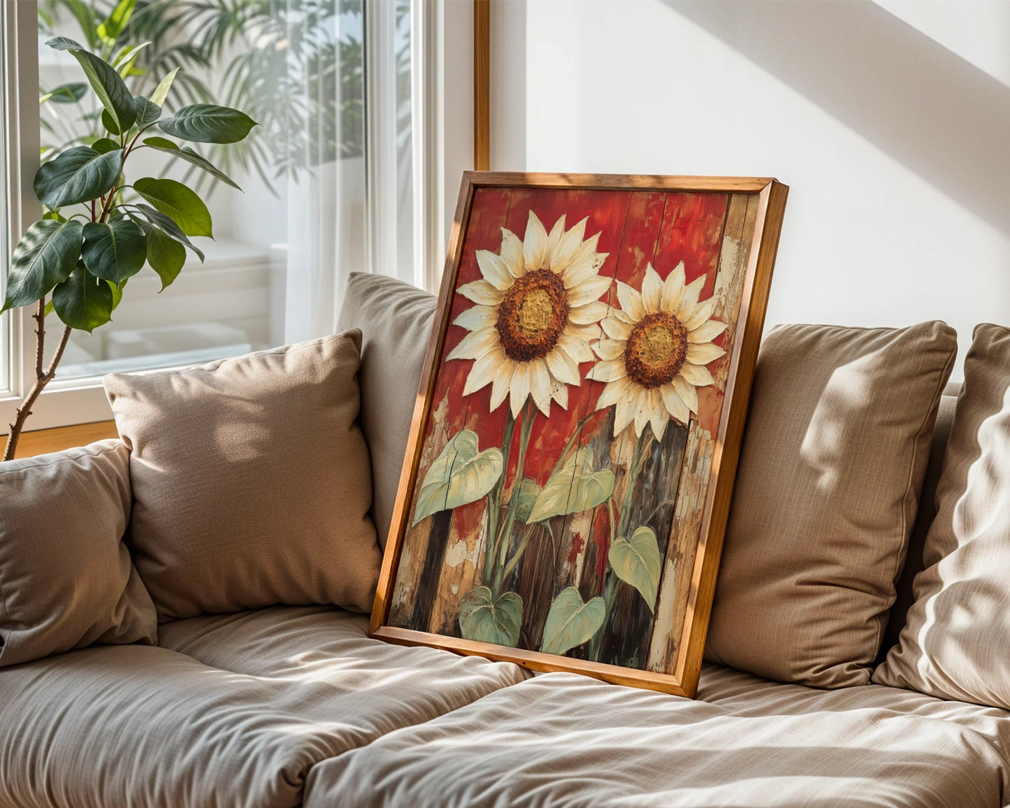 Rustic Sunflower Art Distressed Barn Wood in room