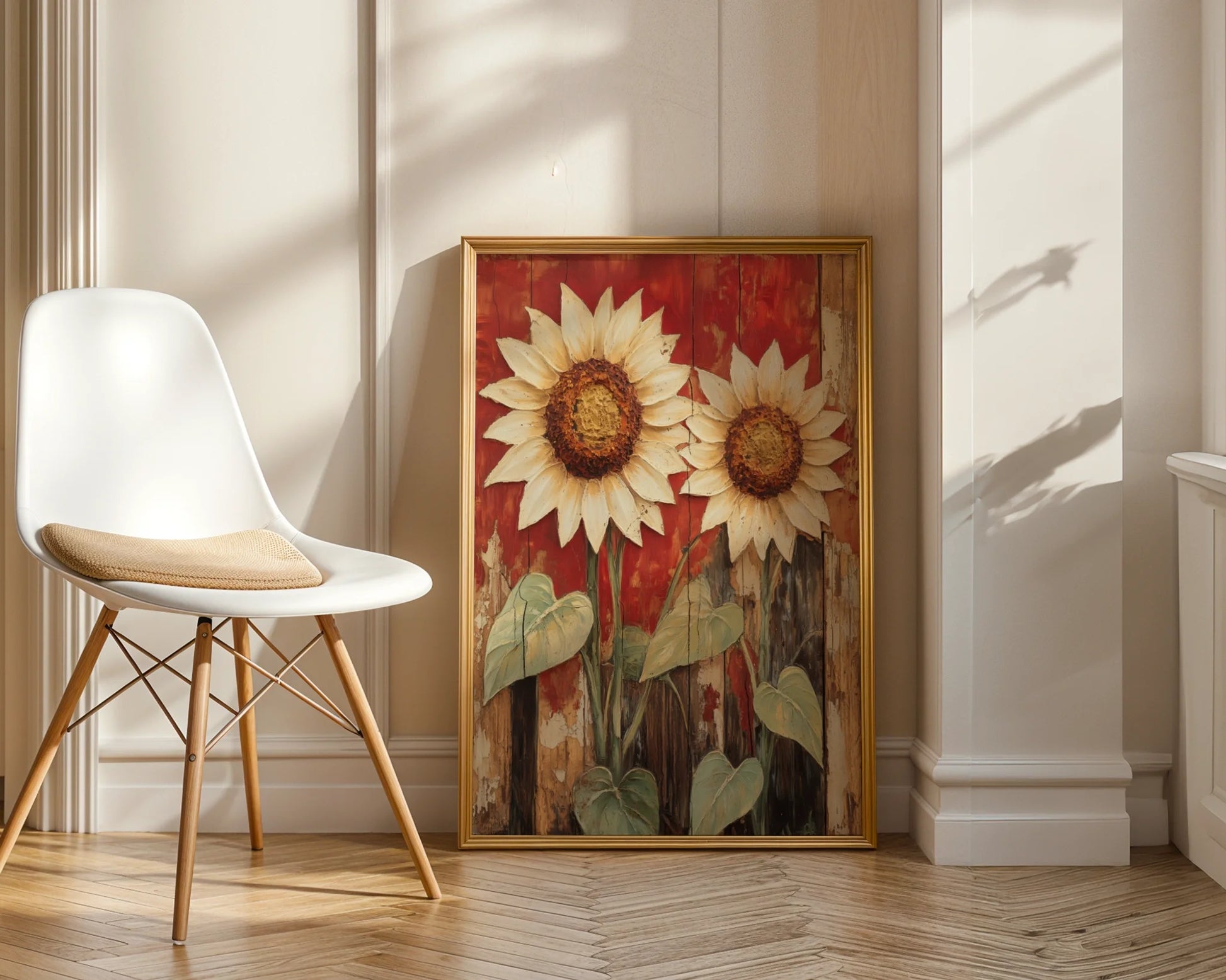 Rustic Sunflower Art Distressed Barn Wood Canvas Wall Art — French cottage style botanical print on aged timber adds romantic touch to shabby chic decorating