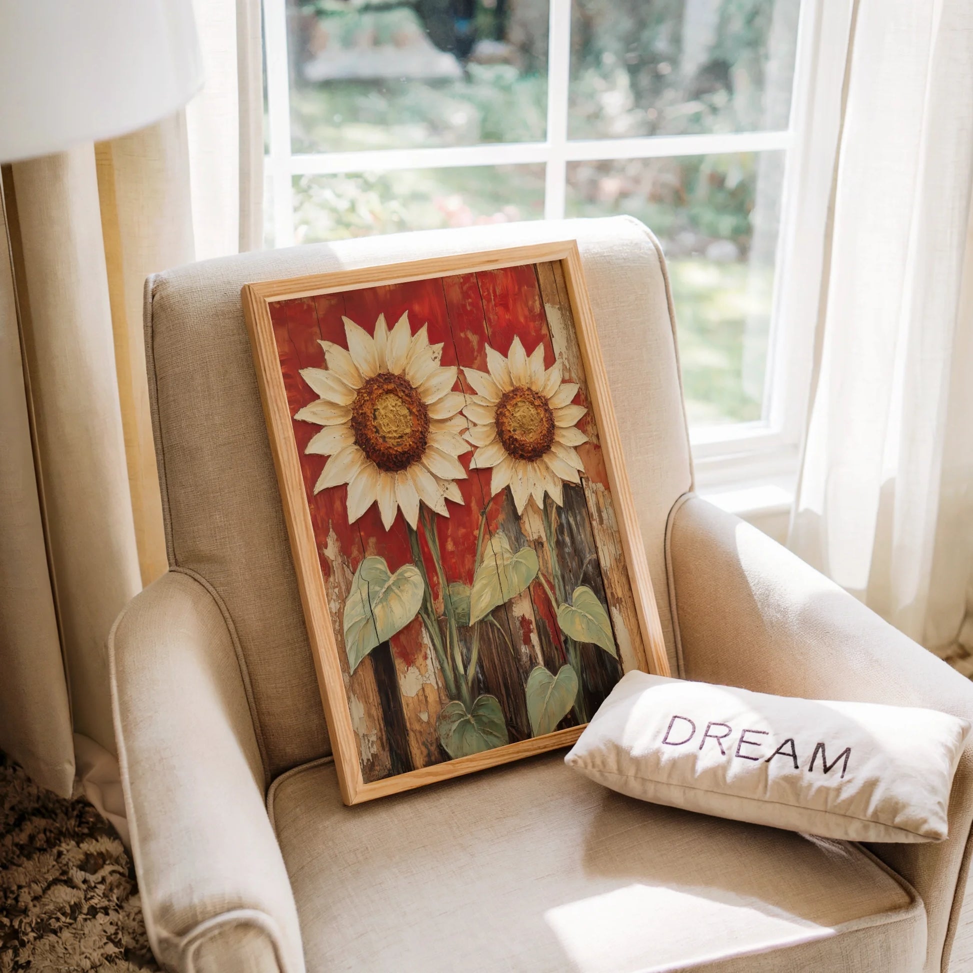 Rustic Sunflower Art Distressed Barn Wood Canvas Wall Art — Warm cream and burnt sienna blooms on textured wood create rich autumn palette for cozy interiors