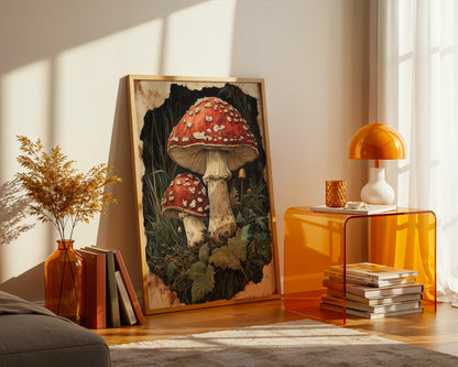 Dark Academia Mushroom Forest Shadows Canvas Wall Art — Dramatic living space showcasing haunting toadstool illustration perfect for occult-inspired interiors