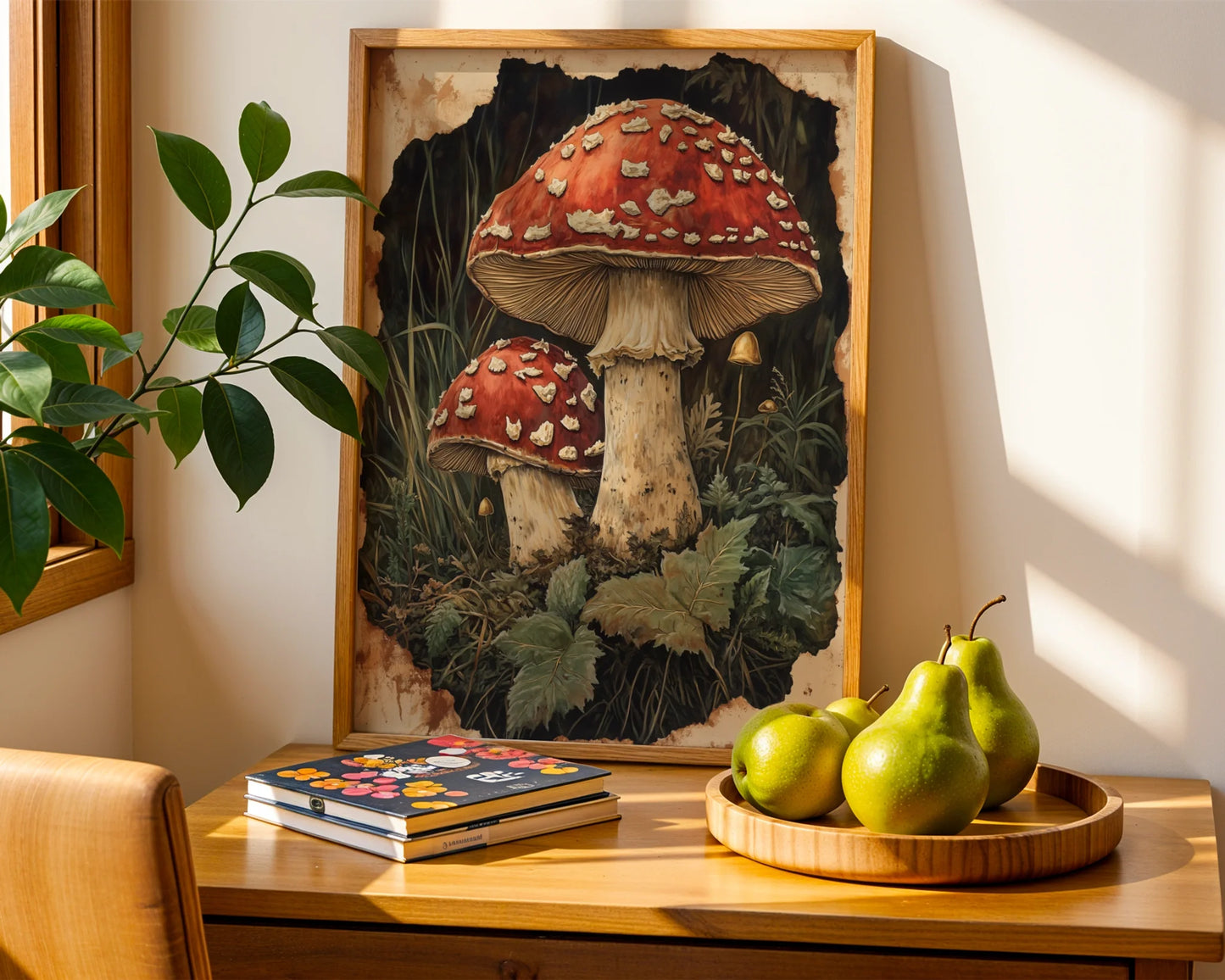 Dark Academia Mushroom Forest Shadows Canvas Wall Art — Farmhouse bedroom displaying whimsical fungi artwork that brings natural charm to cottage aesthetics