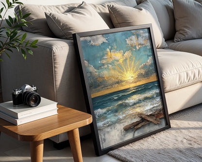 Coastal Ocean Sunrise Gold Leaf Textured in room
