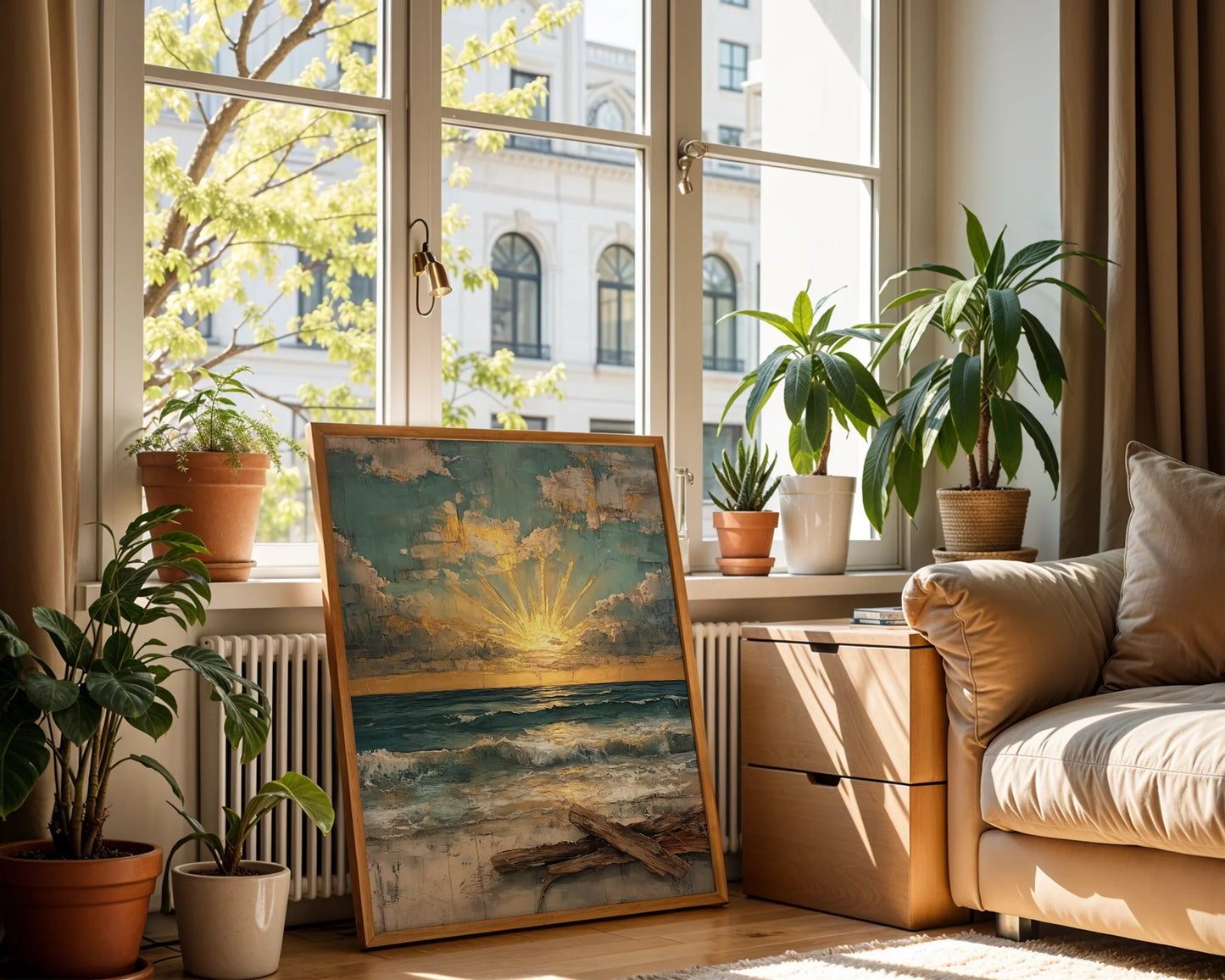 Coastal Ocean Sunrise Gold Leaf Textured in room