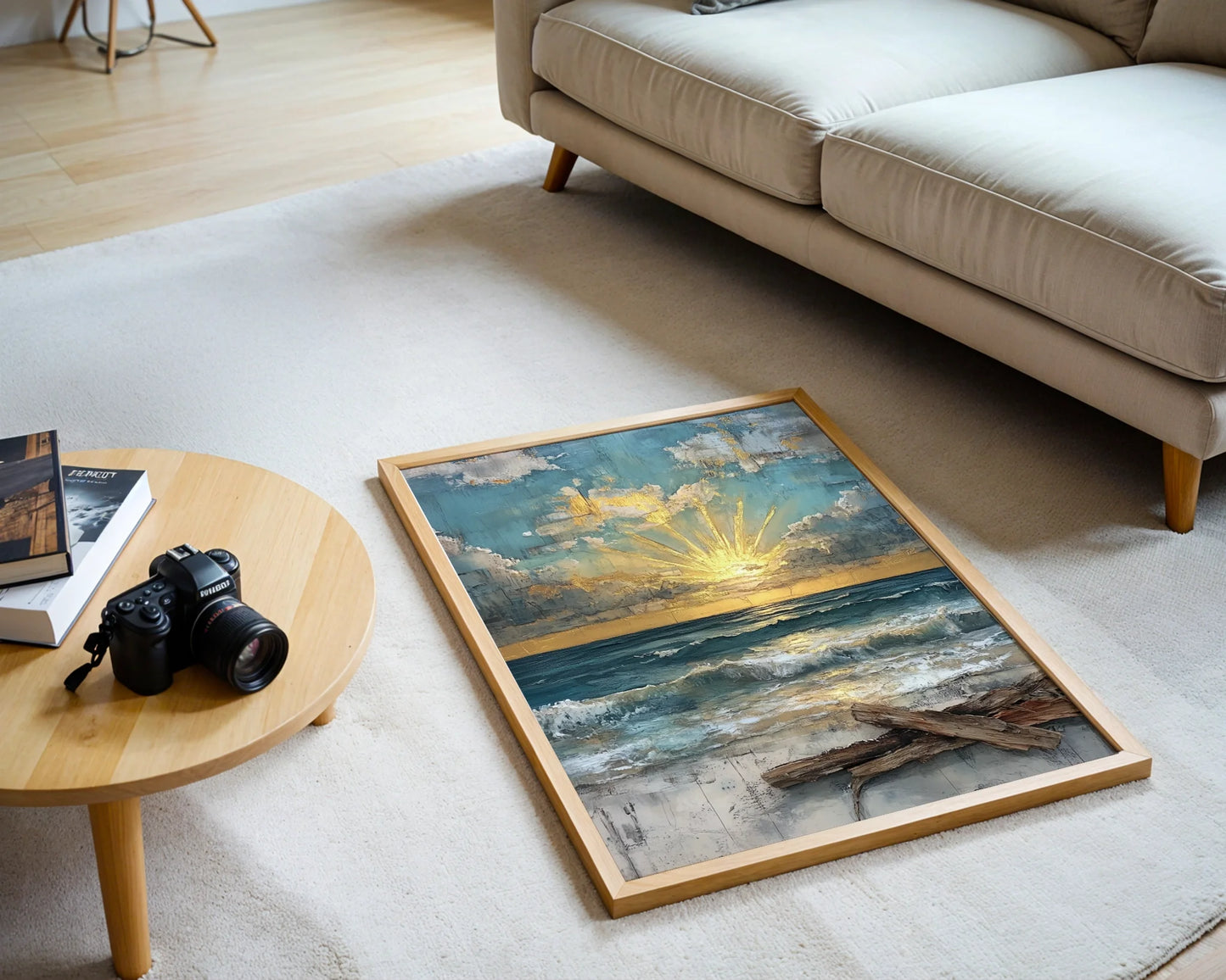 Coastal Ocean Sunrise Gold Leaf Textured Canvas Wall Art — Shoreline artwork showcasing dramatic sky formation with weathered wood elements for beach house style