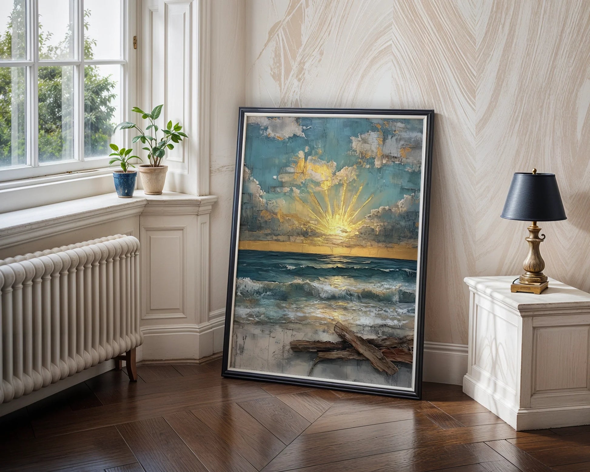 Coastal Ocean Sunrise Gold Leaf Textured Canvas Wall Art — Maritime canvas depicting brilliant daybreak radiating through cloudy horizon above restless ocean
