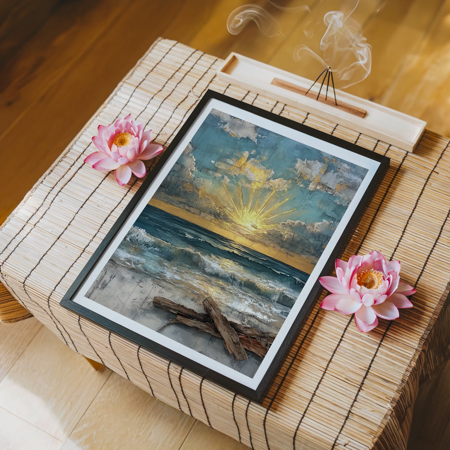 Coastal Ocean Sunrise Gold Leaf Textured in room