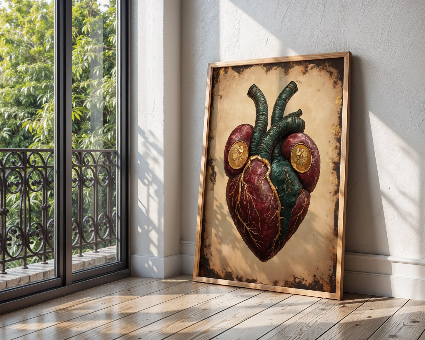 Anatomical Heart Art Gothic Baroque Gold Medallion Canvas Print — Scholarly library aesthetic showcases ornate vessel canvas with intricate golden chambers for intellectual spaces