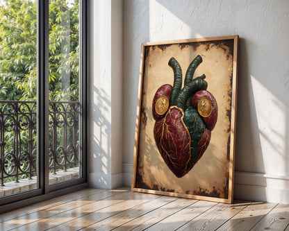Anatomical Heart Art Gothic Baroque Gold Medallion Canvas Print — Scholarly library aesthetic showcases ornate vessel canvas with intricate golden chambers for intellectual spaces