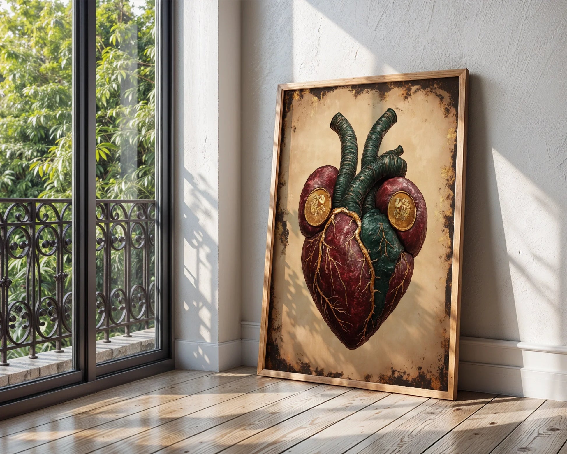 Anatomical Heart Art Gothic Baroque Gold Medallion in room