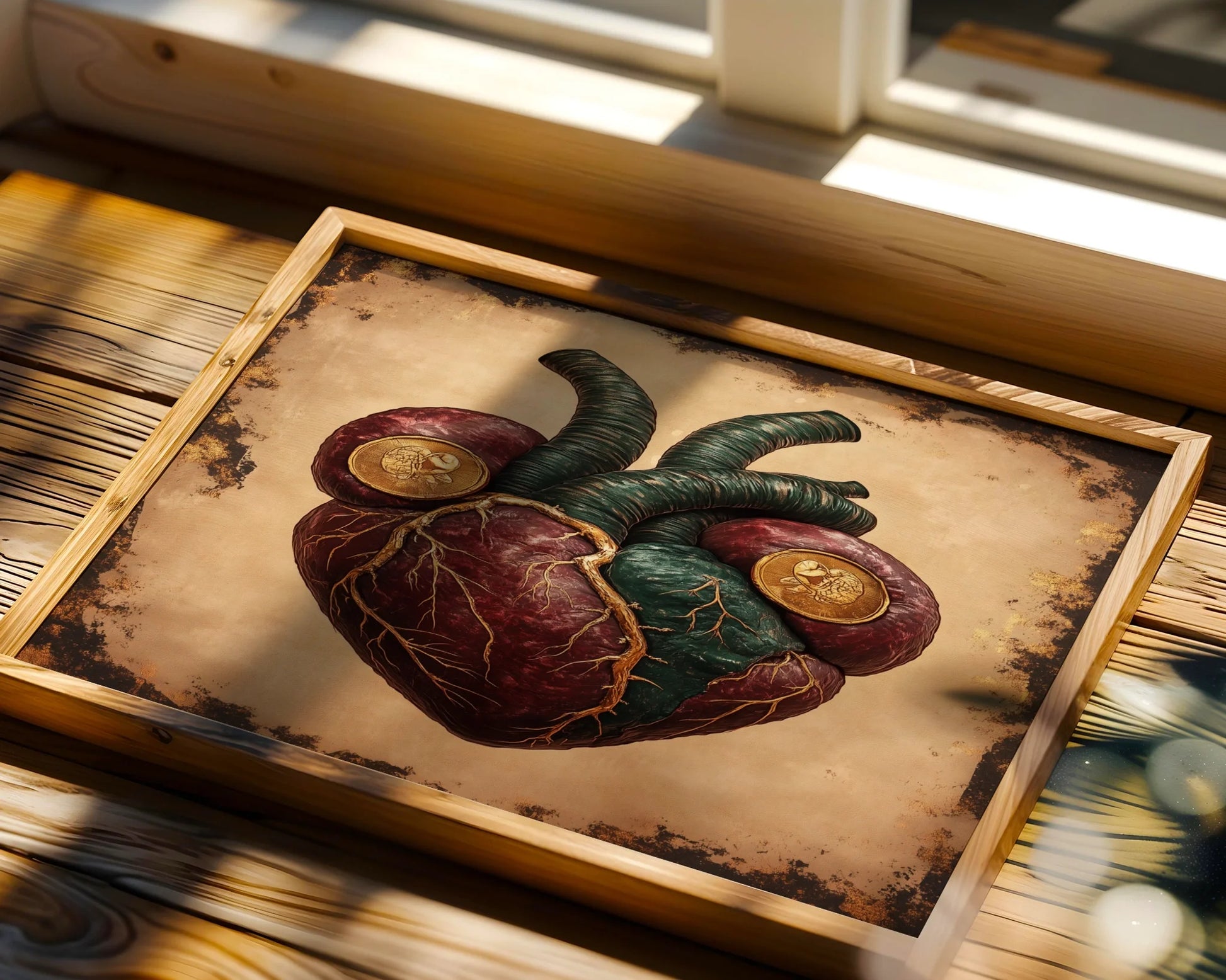 Anatomical Heart Art Gothic Baroque Gold Medallion Canvas Print — Classical ornamental canvas reveals detailed chamber artwork ideal for sophisticated traditional decor