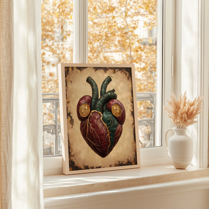 Anatomical Heart Art Gothic Baroque Gold Medallion Canvas Print — Antique manuscript style artwork presents intricate vessel design for refined period home aesthetics