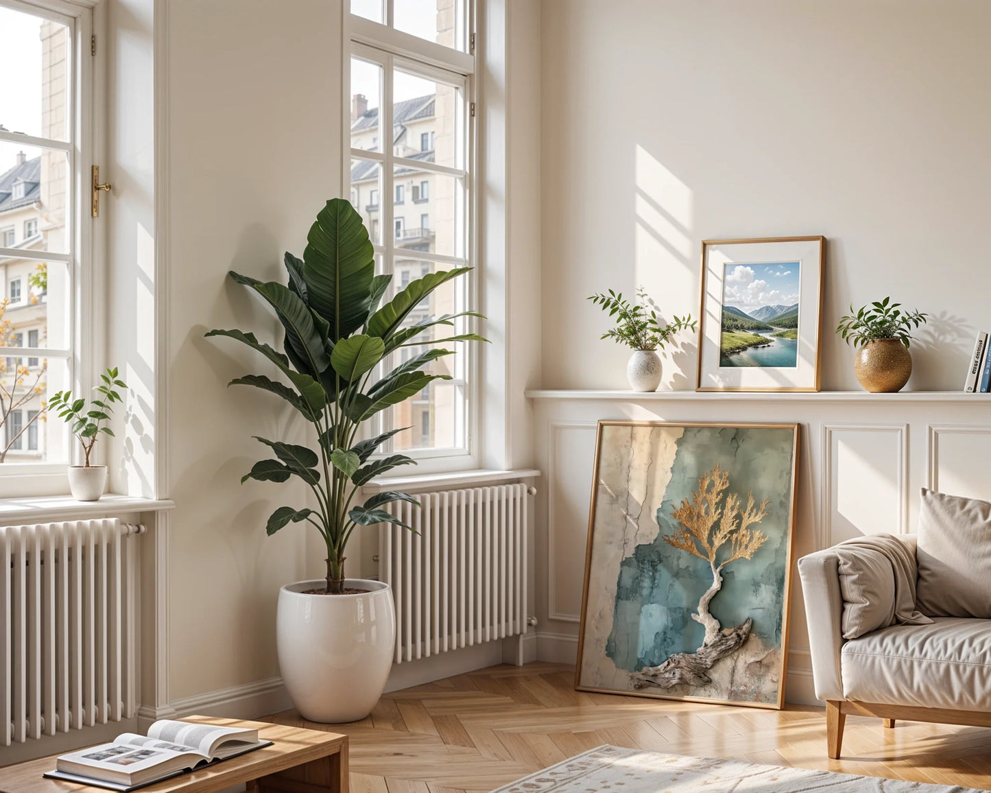 Driftwood Coral Art Textured Sediment Canvas Wall Art — Contemporary living room showcases handcrafted ocean-themed canvas with sculptural elements