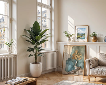 Driftwood Coral Art Textured Sediment Canvas Wall Art — Contemporary living room showcases handcrafted ocean-themed canvas with sculptural elements