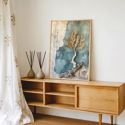 Driftwood Coral Art Textured Sediment Canvas Wall Art — Scandinavian-style space displays dimensional marine canvas with carved wooden textures