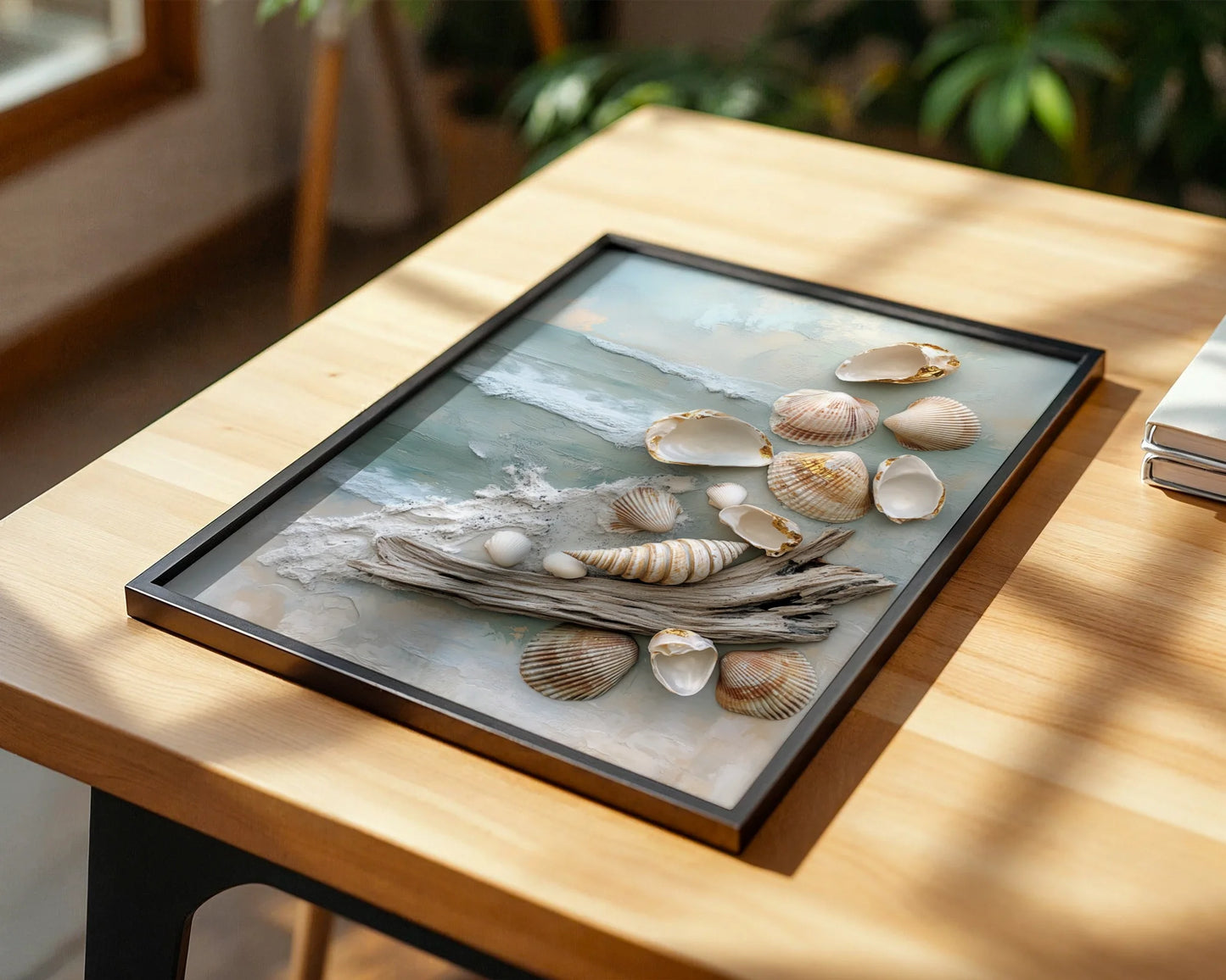 Coastal Textured Canvas Wall Art with Seashells Driftwood — Minimalist beach house decor showcases raised foam canvas depicting scattered marine artifacts on shores